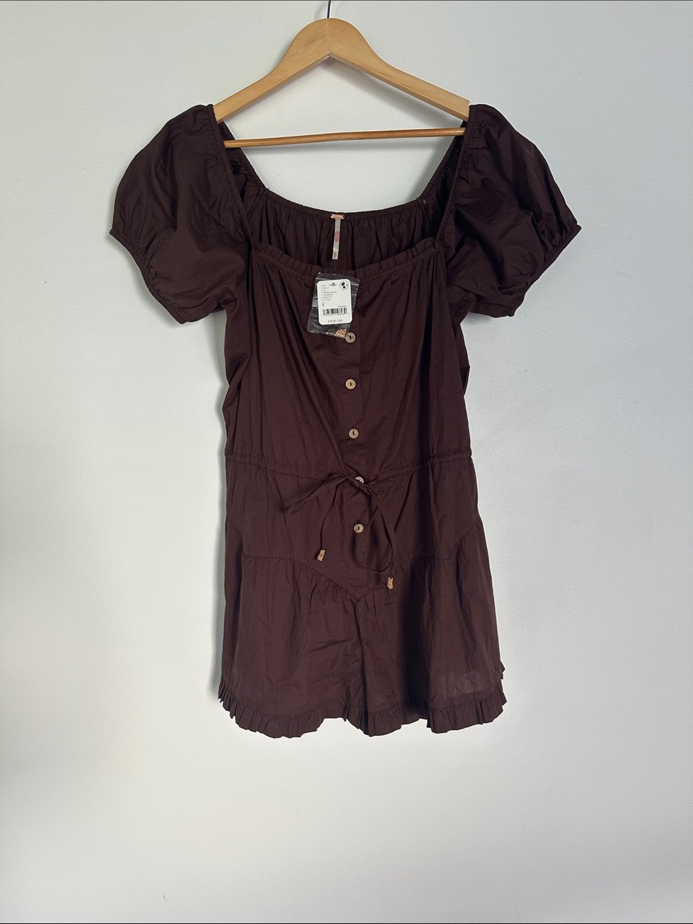 Free People Chocolate Brown Puff-Sleeve Button Romper
